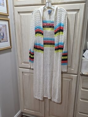 Scoop White Open-Knit Hooded Long Sweater Beach with Multicolor Stripes NWOT